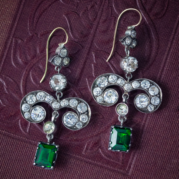 Georgian Style Green Paste Drop Earrings Silver Gold Wires