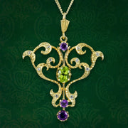 Edwardian Style Suffragette Pendant Necklace Amethyst Peridot Diamond