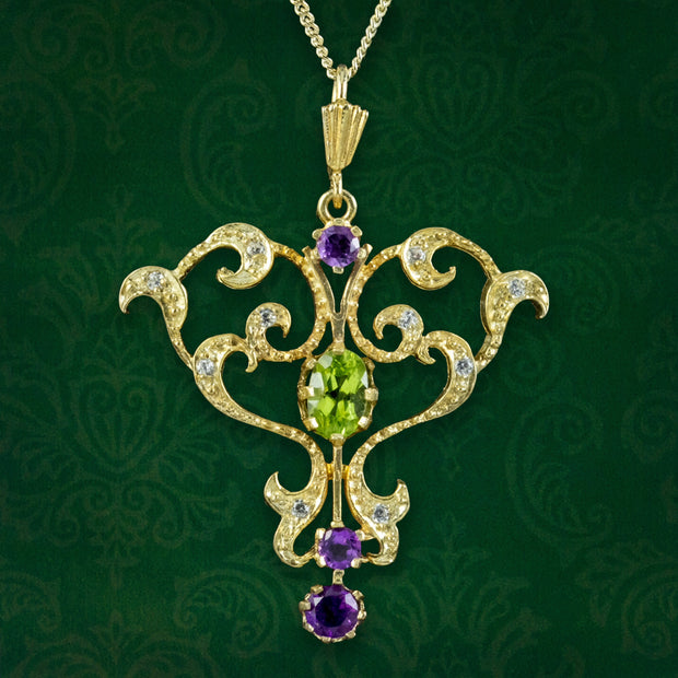 Edwardian Style Suffragette Pendant Necklace Amethyst Peridot Diamond