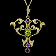 Edwardian Style Suffragette Pendant Necklace Amethyst Peridot Diamond