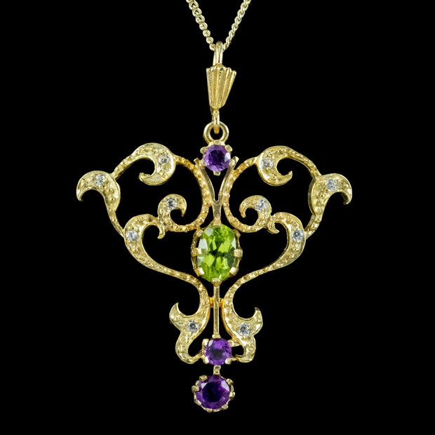 Edwardian Style Suffragette Pendant Necklace Amethyst Peridot Diamond