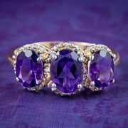Victorian Style Amethyst Diamond Trilogy Ring 9Ct Gold