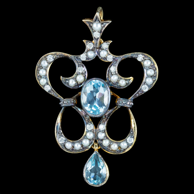 Victorian Style Blue Topaz Pearl Diamond Pendant Silver Gold Gilt