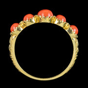 Victorian Style Coral Five Stone Ring 9Ct Gold On Silver