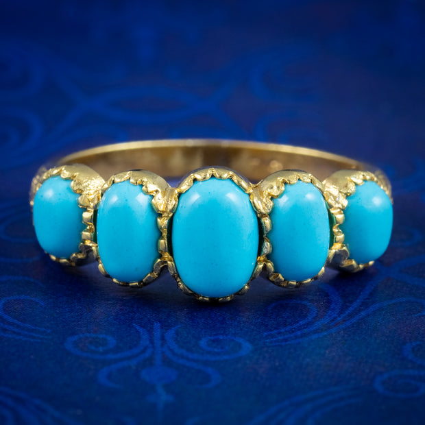 Victorian Style Five Stone Turquoise Ring Silver 18Ct Gold Gilt