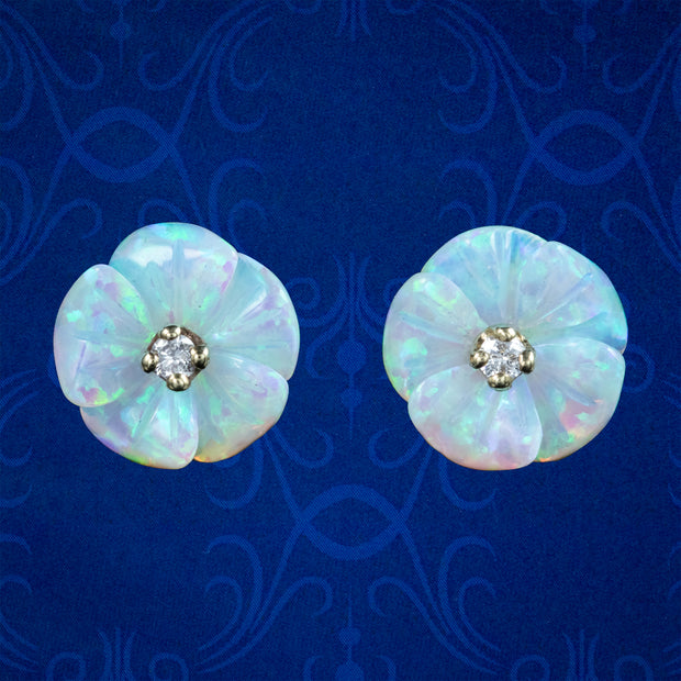 Victorian Style Opal Diamond Flower Stud Earrings 9Ct Yellow Gold