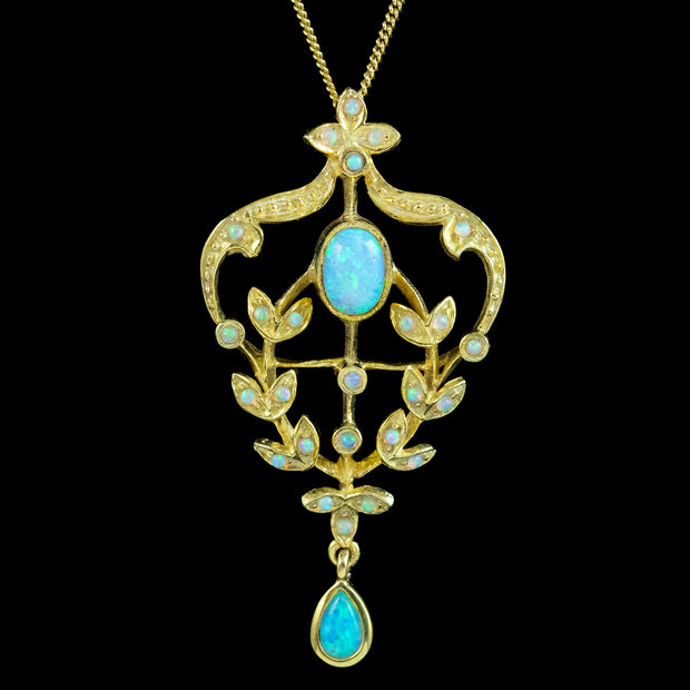 Victorian Style Opal Floral Pendant Necklace 18Ct Gold On Silver