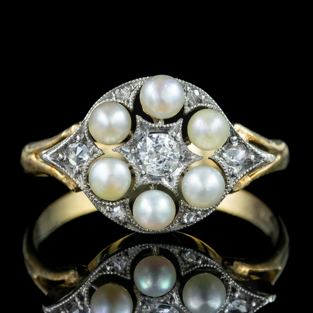 Vintage Pearl Diamond Cluster Ring 9Ct Gold Circa 1975 front