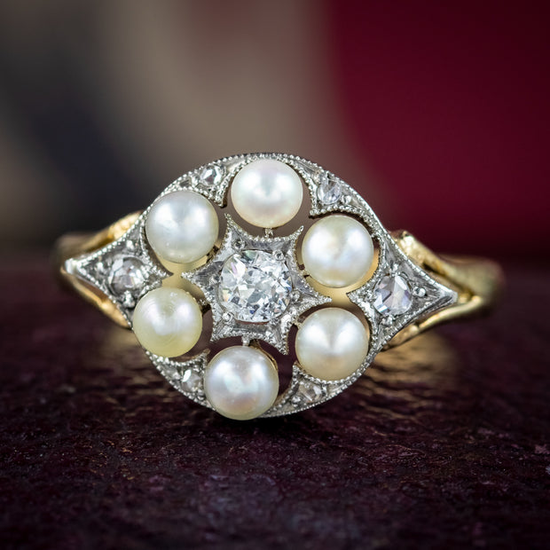 Vintage Pearl Diamond Cluster Ring 9Ct Gold Circa 1975 social