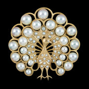 Vintage Pearl Peacock Brooch 14ct Gold