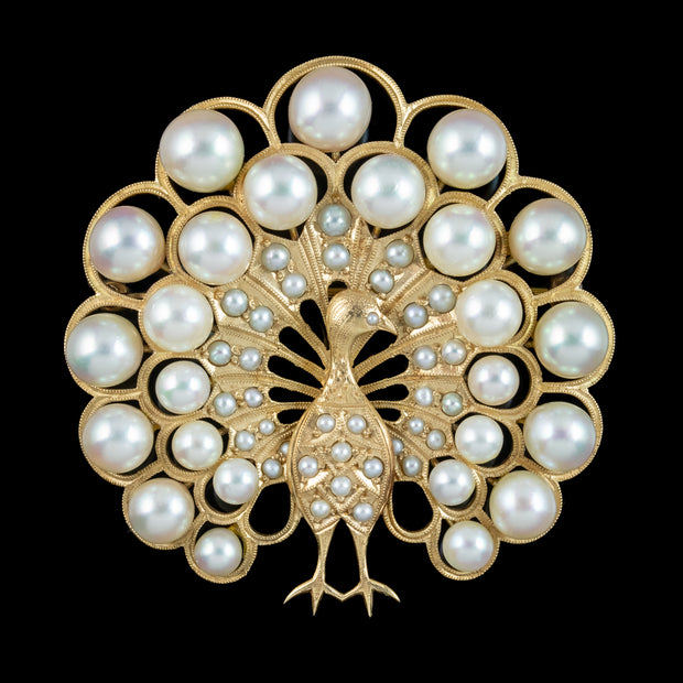 Vintage Pearl Peacock Brooch 14ct Gold