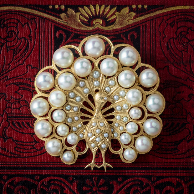 Vintage Pearl Peacock Brooch 14ct Gold