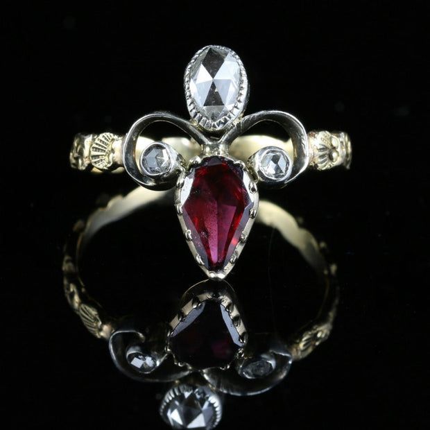 Antique Georgian Garnet Diamond Ring 18Ct Gold Fleur De Lis