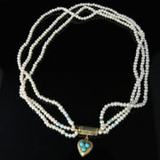 Antique Georigan Triple Pearl & Turquoise Necklace With Georgian Gold Heart Locket Clasp