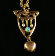 Antique Arts & Crafts Opal & Pearl Pendant & Chain  Gold