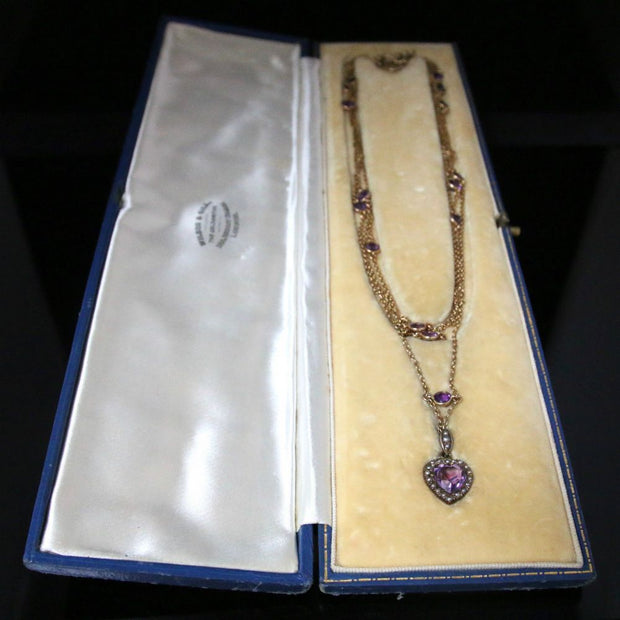 Antique Victorian Amethyst Gold Necklace - Boxed Triple Necklace Leading To Heart