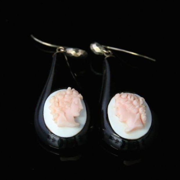 Antique Victorian Whitby Jet Cameo Coral Earrings