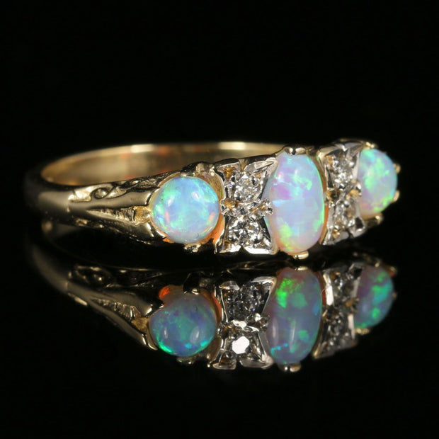 Opal Trilogy Diamond Ring 9Ct Yellow Gold