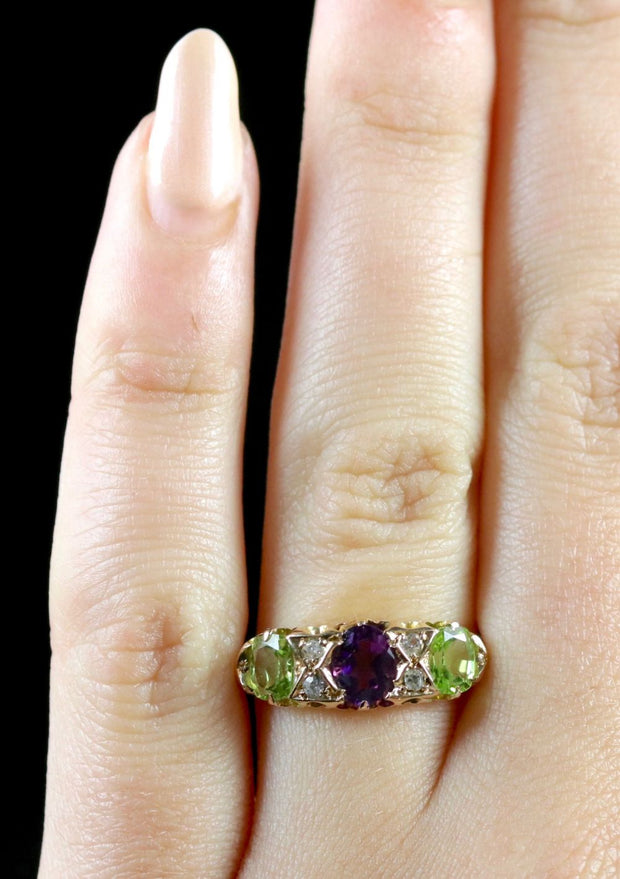 Antique Victorian Suffragette Ring 18Ct Diamond Amethyst Peridot Circa 1900