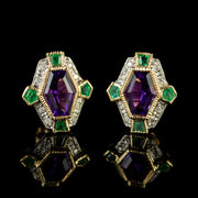 Suffragette Stud Earrings Amethyst Emerald Diamond 9Ct Gold