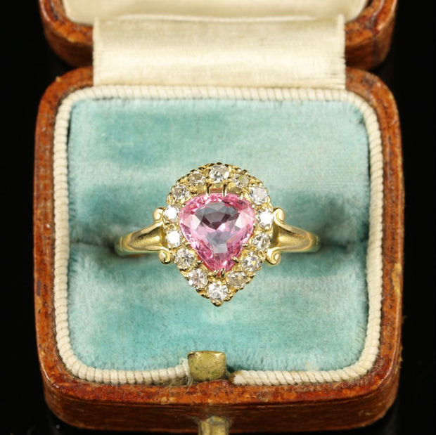Antique Victorian Pink Sapphire Diamond Cluster Ring 18Ct Gold