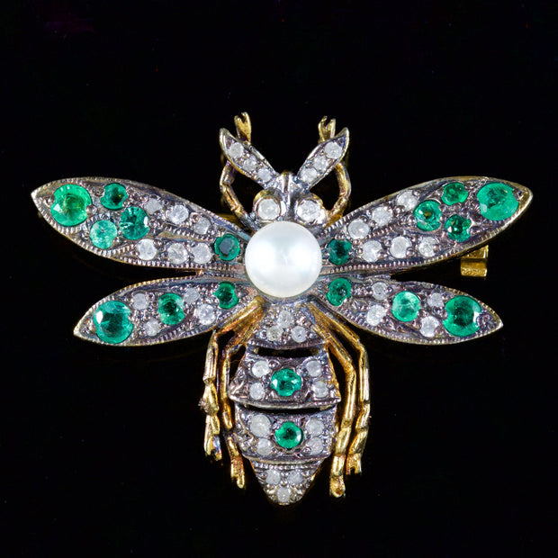 Diamond Emerald Pearl Insect Brooch 18Ct Gold Silver