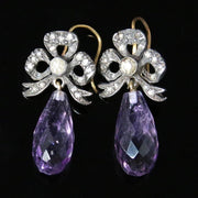 Antique Amethyst & Diamond Earrings - Rose Cut Diamonds Briolette Amethysts