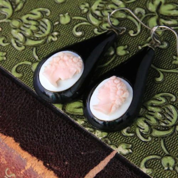 Antique Victorian Whitby Jet Cameo Coral Earrings