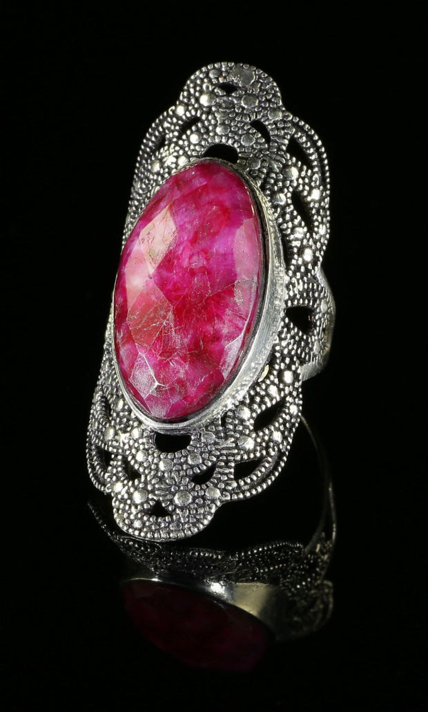 Ruby Marcasite Large Silver Ring