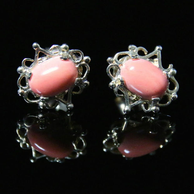 Coral Gold Stud Earrings Filligree Setting