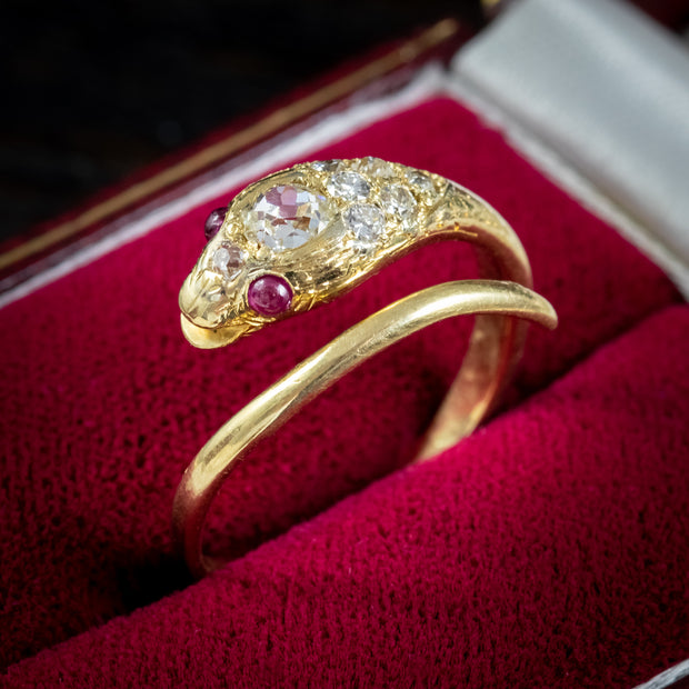 Antique Victorian Diamond Snake Ring 18Ct Gold Ruby Eyes Circa 1880
