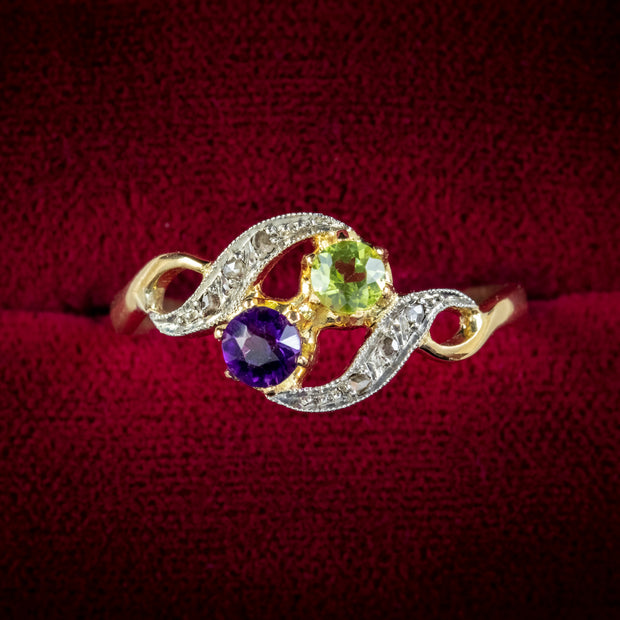Antique French Suffragette Twist Ring 18Ct Gold Amethyst Diamond Peridot Circa 1915