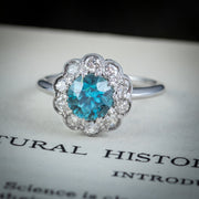 Antique Edwardian Blue Zircon Diamond Daisy Ring Platinum 1.80ct Zircon Circa 1915