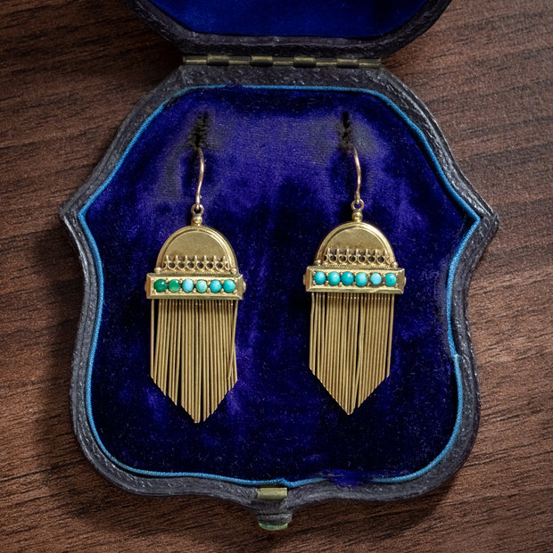 Antique Victorian Etruscan Revival Turquoise Fringe Earrings 18Ct Gold Circa 1860