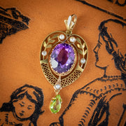 Antique Edwardian Suffragette Pendant 6Ct Amethyst Pearl Peridot 15Ct Gold Circa 1910