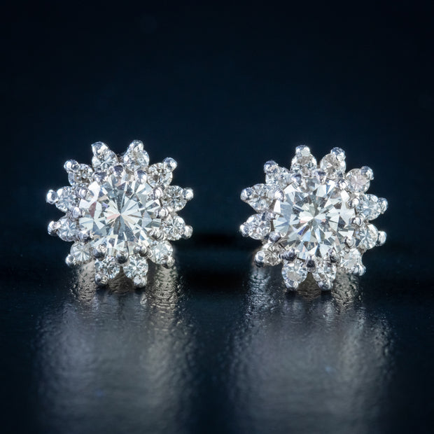 Vintage Diamond Cluster Earrings 18Ct White Gold 1.65Ct Diamond Dated 1977 Cert