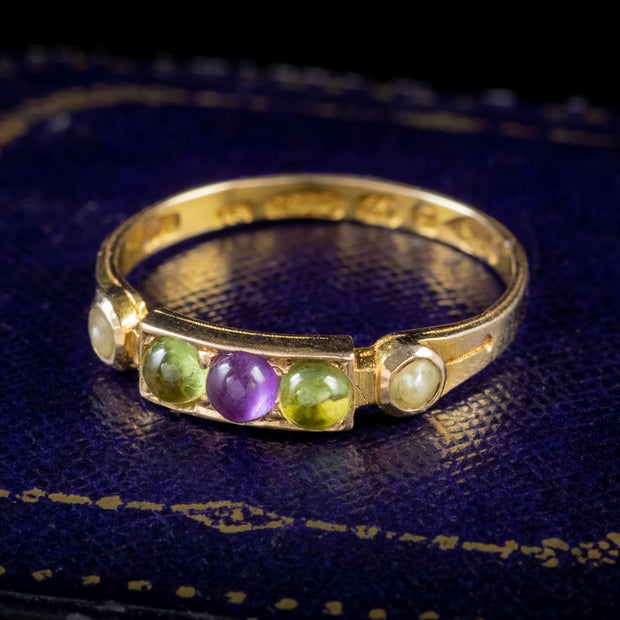 Art Deco Suffragette Peridot Amethyst Pearl Ring 15Ct Gold Dated 1924