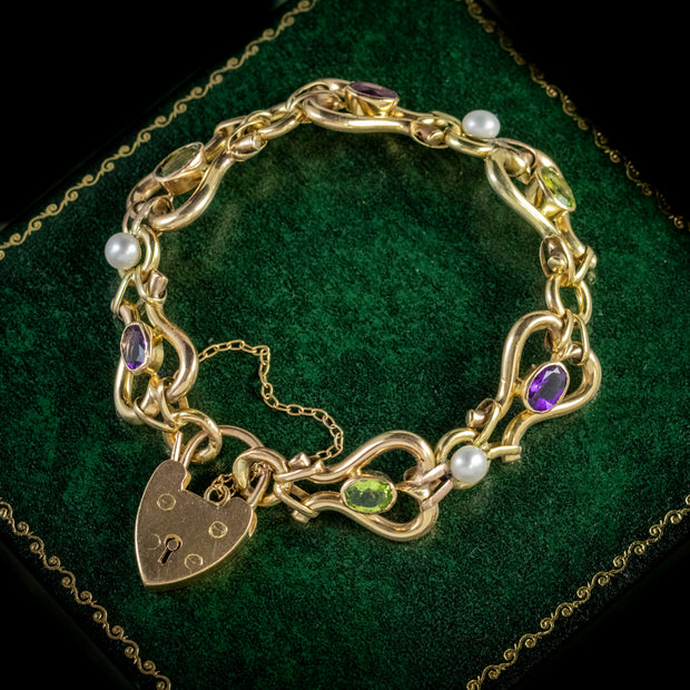Antique Edwardian Suffragette 9Ct Gold Bracelet Peridot Pearl Amethyst Circa 1910