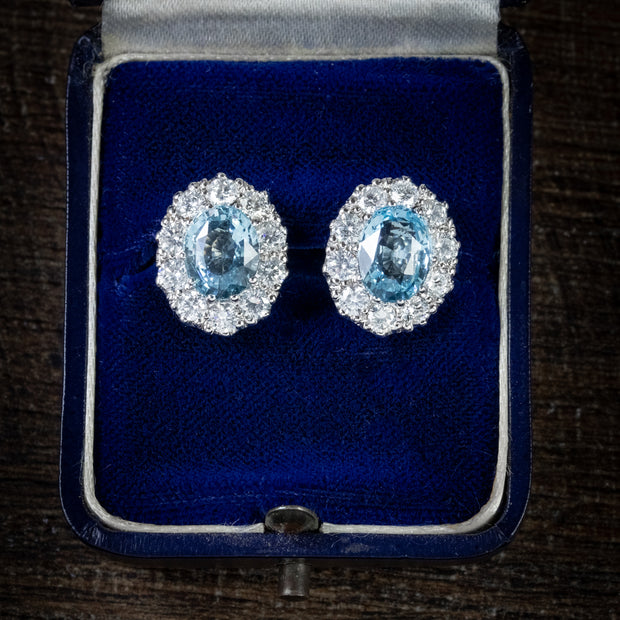 Aquamarine Diamond Cluster Stud Earrings 18Ct Gold 3.78Ct Aquamarine 1.50Ct Diamond