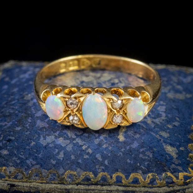 Antique Edwardian Opal Diamond Ring 18Ct Gold Dated 1915
