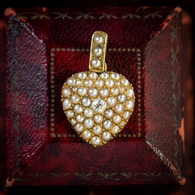 Antique Victorian Pearl Diamond Heart Pendant Locket 18Ct Gold Circa 1860