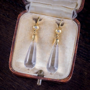 Antique Edwardian Rock Crystal Diamond Drop Earrings 18Ct Gold Circa 1905