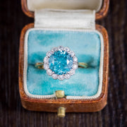 Antique Edwardian Blue Zircon Diamond Cluster Ring 18Ct Gold Platinum 3Ct Zircon Circa 1908