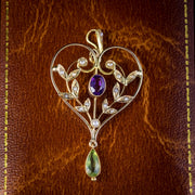 Antique Edwardian Suffragette Heart Pendant 9Ct Gold Peridot Amethyst Circa 1910