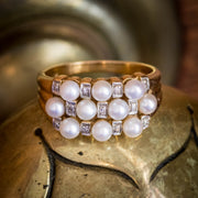 Vintage French Pearl Diamond Cluster Ring 18Ct Gold Circa 1950