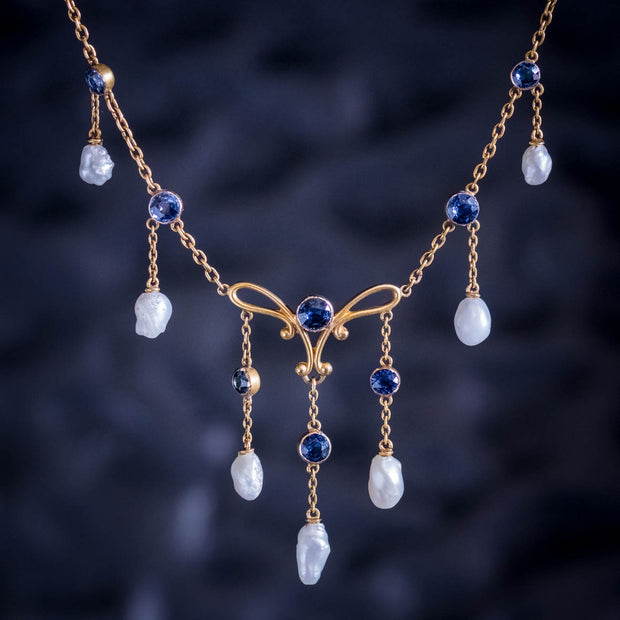 Antique Edwardian Sapphire Natural Pearl Lavaliere Necklace 15Ct Gold Circa 1915