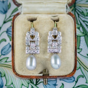 Art Deco Diamond Pearl Drop Earrings 18Ct Gold Circa 1920