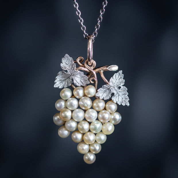 Antique Art Deco Natural Pearl Grapes Pendant Necklace 18Ct Gold Circa 1920 Boxed