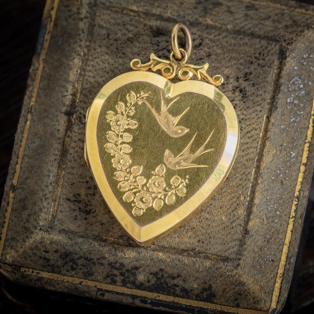 Antique Victorian Heart Locket 9Ct Gold Back And Front Swallow Forget Me Not Circa 1860