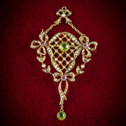 Antique Suffragette Bow Pendant Brooch Peridot Amethyst Pearl 9Ct Gold Circa 1910